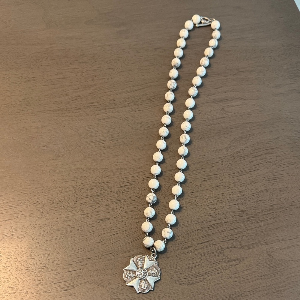 White Beaded Necklace with Silver  Pendant - Women's Jewelry